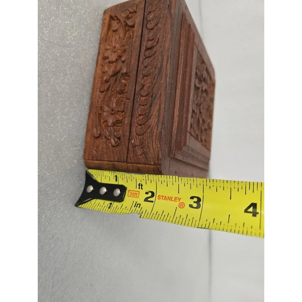 Hand Carved Wooden Jewelry Trinket Box Vintage 4.5